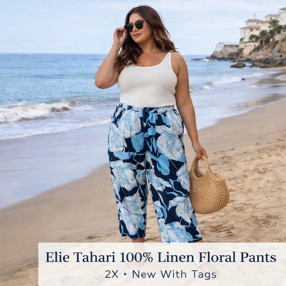 Elie Tahari 100% European Linen Floral Pants Blue White 2X Wide Leg Coastal NWT